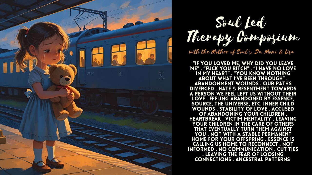 Soul Led Therapy Composium: "If You Lived Me Why Did You Leave Me." "Fuck You Bitch". "I Have No Love in My Heart". "You Know Nothing About What I've Been Through". Abandonment Wounds. Feeling Abandoned by Source, Essence, the Universe, etc. Inner Child Wounds. Stability of Love. Accused of Abandoning Your Children. Heartbreak. Victim Mentality. Leaving Your Children in the Care of Others That Eventually Turn Them Against You. You're Not With a Stable or Permanent Home For Your Children. Essence is Calling Us Home to Reconnect. Not Informed. No Communication. Cut Ties. Leaving the Fear of Loosing Connections. Ancestral Patterns.