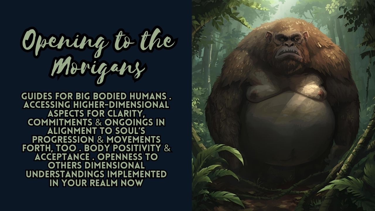 Opening to the Morigans . Guides for Big Bodied Humans . Accessing Higher-Dimensional Aspects for Clarity, Commitments & Ongoings in Alignment to Soul’s Progression & Movements Forth, Too . Body Positivity & Acceptance . Openness to Others Dimensional Understandings Implemented in Your Realm Now