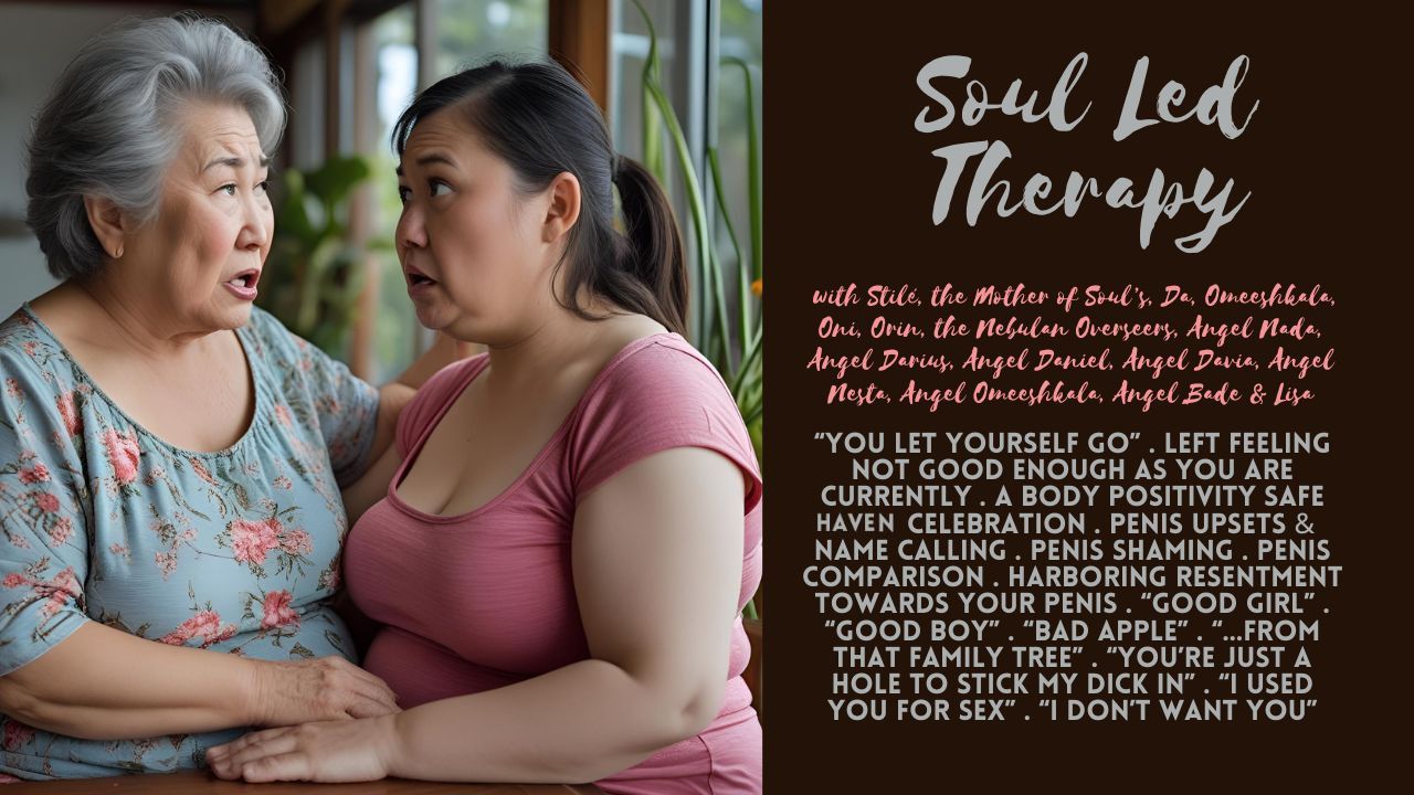 Soul Led Therapy: "You Let Yourself Go". Left Feeling Not Good Enough As You Are Right Now. A Body Positivity Safe Haven Celebration. Penis Upsets & Name Calling. Penis Shaming. Penis Comparison. Harboring Resentment Towards Your Penis. "Pencil Dick". "Good Girl". "Good Boy". "Bad Apple". "... From That Family Tree". "You're Just a Hole to Stick My Dick In". "I Used You for Sex". "I Don't Want You".